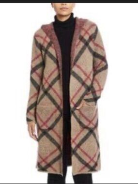 Joseph A Plaid Long Open-Front Cardigan in Beige, Black & Red